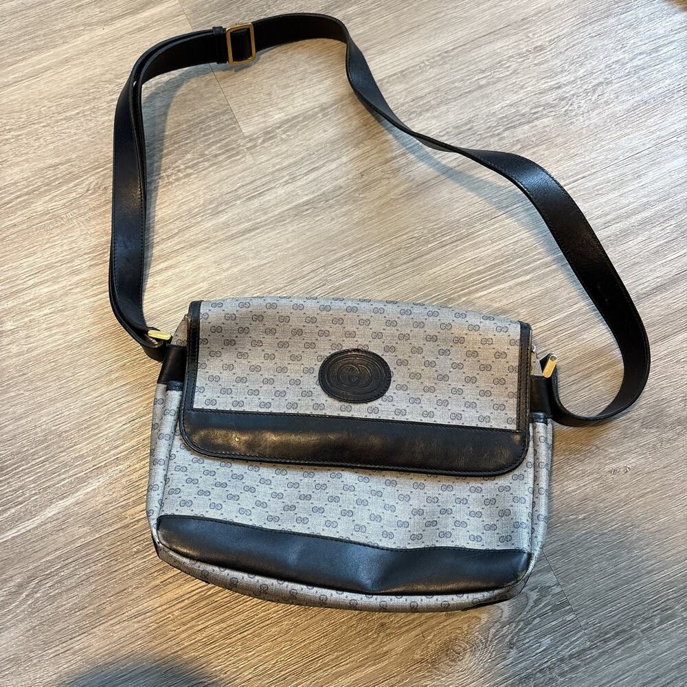 Gucci Women's Vintage GG Micro Monogram Crossbody Flap Bag Grey Navy Blue